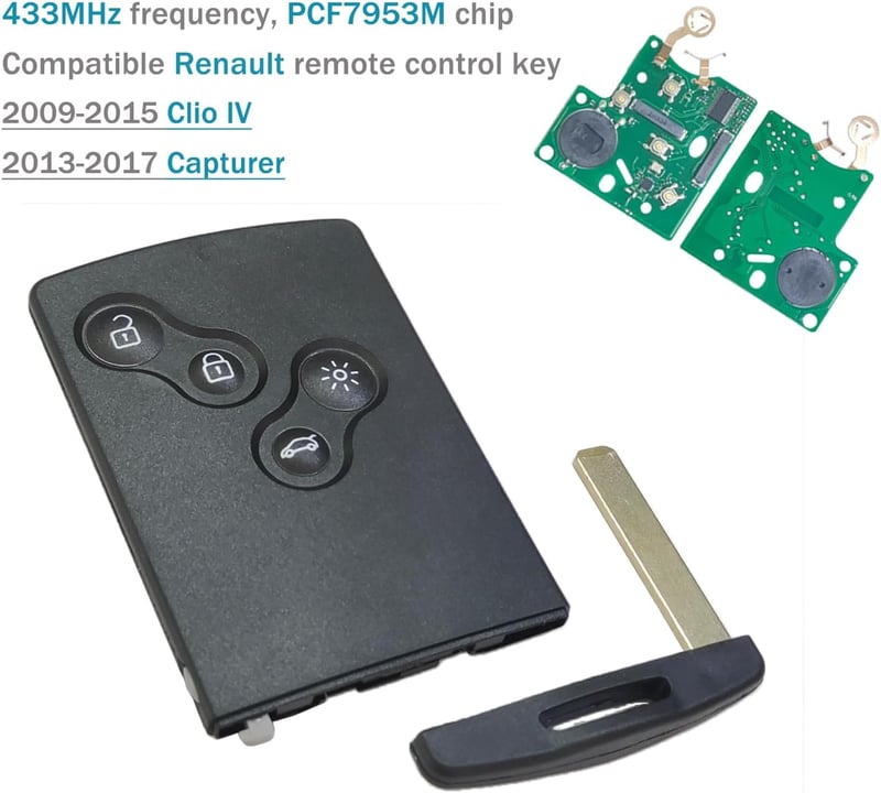 AULESSE 4 Gombos Távirányító Kulcs 433MHz PCF7953M/4A Chip - Renault Clio IV (2009-2015) és Captur (2013-2017) Autókhoz - Programozható Kárt