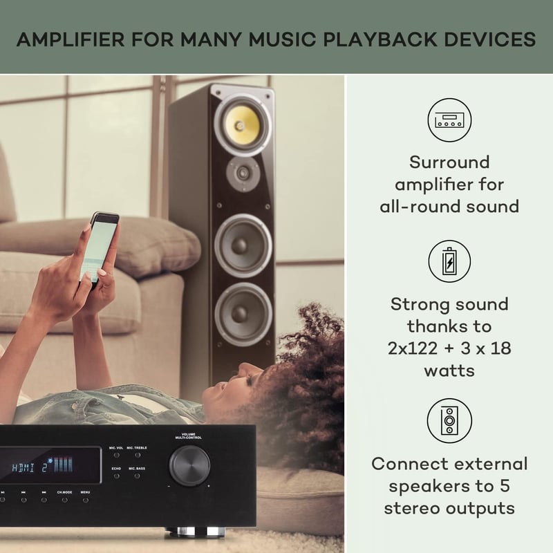 Auna Bluetooth Erősítő HiFi Sztereó Rendszer 5 Csatornás Szubwoofer Basszus Treble Vezérléssel