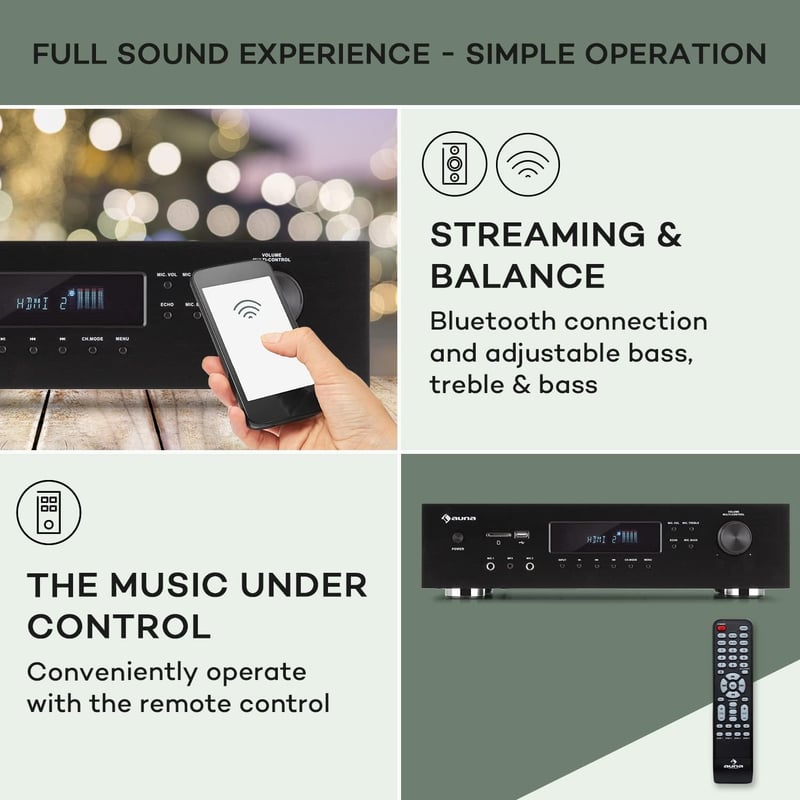 Auna Bluetooth Erősítő HiFi Sztereó Rendszer 5 Csatornás Szubwoofer Basszus Treble Vezérléssel