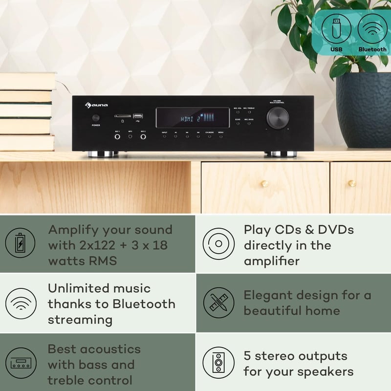 Auna Bluetooth Erősítő HiFi Sztereó Rendszer 5 Csatornás Szubwoofer Basszus Treble Vezérléssel