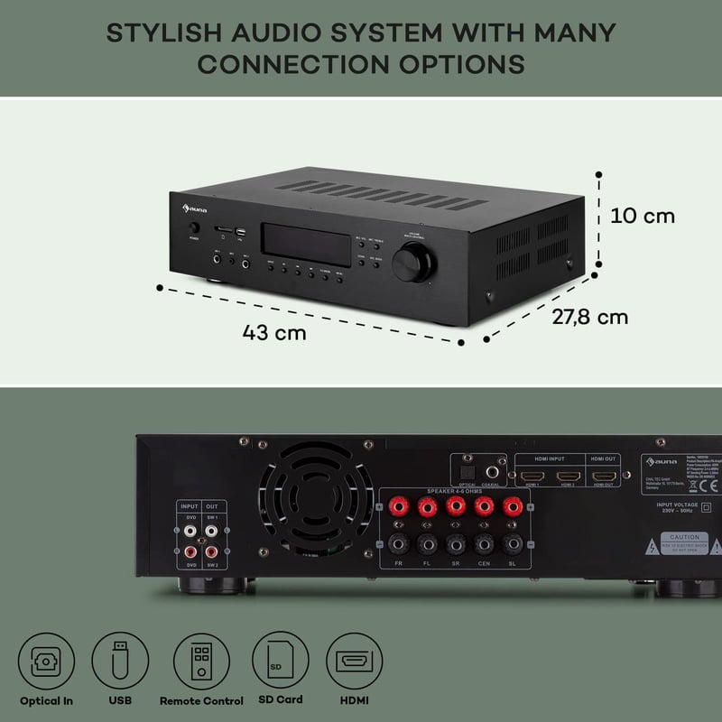 Auna Bluetooth Erősítő HiFi Sztereó Rendszer 5 Csatornás Szubwoofer Basszus Treble Vezérléssel