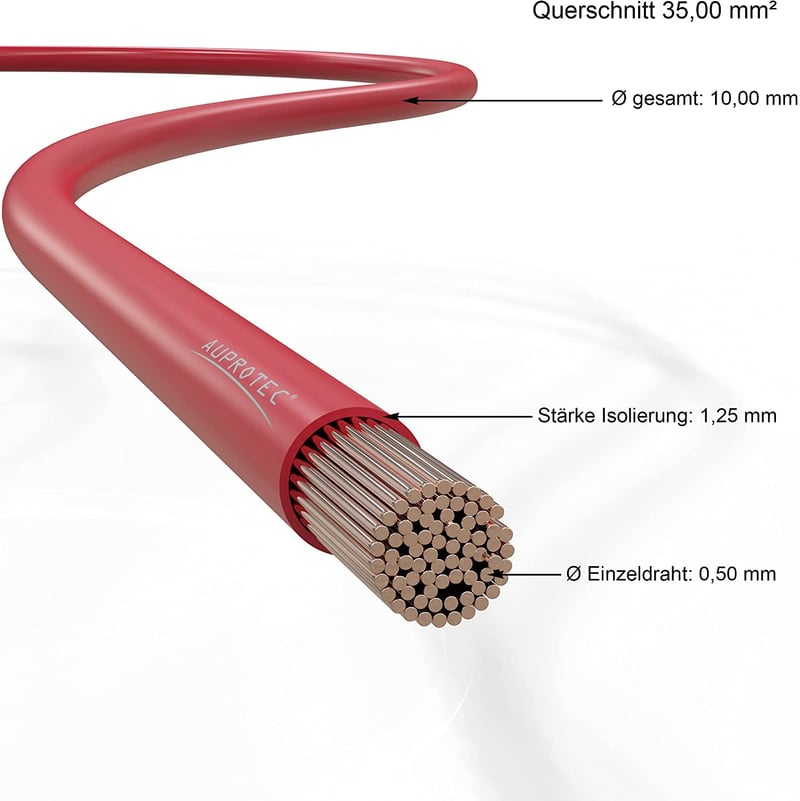 AUPROTEC 35 mm² Autó Akkumulátor Kábel - 5m Piros Tápkábel Testkábel, PVC Szigetelés, DIN ISO 6722 Szabvány, Réz Vezeték
