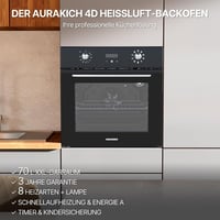 AURAKICH beépített sütő 4D forrólevegővel, 8 fűtési móddal, A energiaosztály - fekete - 60 cm / 70 l 2