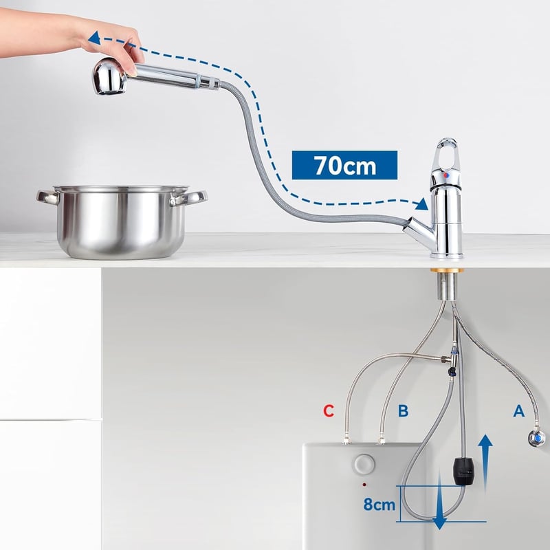 Auralum Alacsony Nyomású Konyhai Csaptelep Zuhanyfejjel, 360° Forgatható Keverőcsap - Low Pressure Chrome