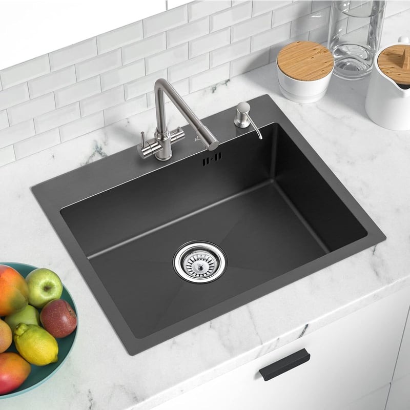 Auralum Fekete matt inox egymedencés konyhai mosogató 55 x 45 cm szappanadagolóval szifonnal 2 rögzítőfurattal
