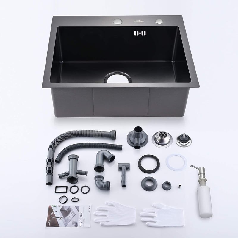 Auralum Fekete matt inox egymedencés konyhai mosogató 55 x 45 cm szappanadagolóval szifonnal 2 rögzítőfurattal