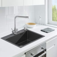 Auralum Fekete matt inox egymedencés konyhai mosogató 55 x 45 cm szappanadagolóval szifonnal 2 rögzítőfurattal 2