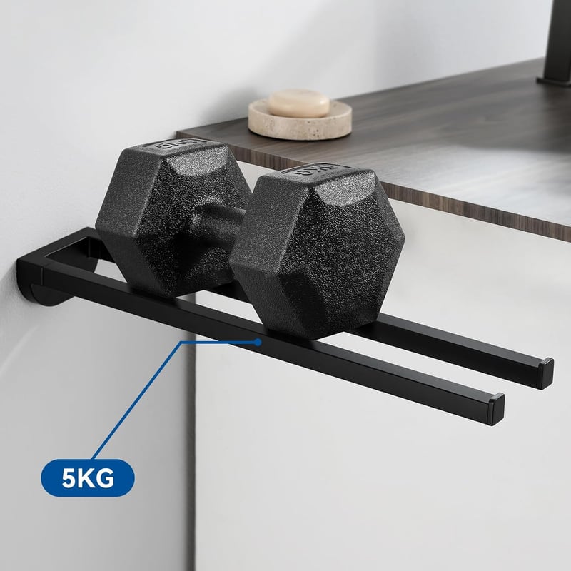Auralum Fekete Törölközőtartó 42 cm - Fúrással/Fúrás Nélkül Szerelhető, 5 kg Teherbírású, Kétkaros Rozsdamentes Acél Fürdőszobai Fali Tartó
