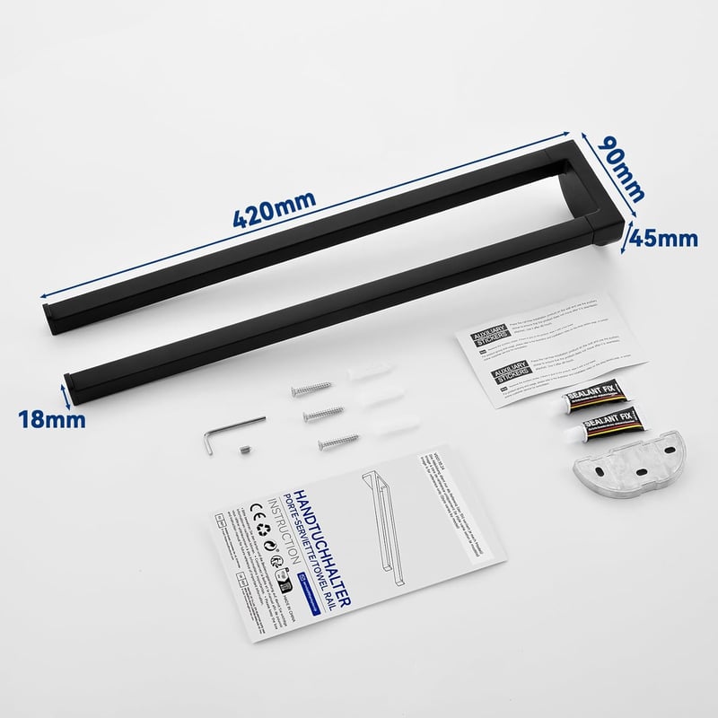 Auralum Fekete Törölközőtartó 42 cm - Fúrással/Fúrás Nélkül Szerelhető, 5 kg Teherbírású, Kétkaros Rozsdamentes Acél Fürdőszobai Fali Tartó