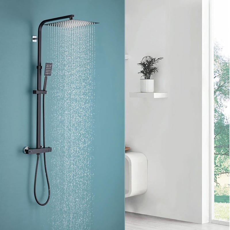 Auralum Termosztátos Zuhanyszett Rozsdamentes Acél Esőzuhanyfejjel Fekete - Black, With thermostat, Brass, Stainless Steel
