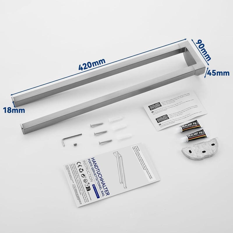 Auralum Törölközőtartó 42 cm - Rozsdamentes Acél, Fúrással/Fúrás Nélkül Szerelhető, 5 kg Teherbírású, Kétkaros Króm Dizájn Fürdőszobába, Kon