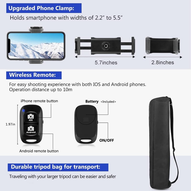 Aureday K&F Concept 188 cm Kamera Tripod Vezeték Nélküli Távirányítóval és Telefontartóval