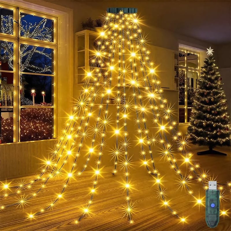 Aurevita 2 m LED vianočné osvetlenie na stromček s 300 LED diódami a 8 kruhmi, teplá biela USB svetelná reťaz 5V/2A, na vnútorné aj vonkajšie použitie, pre stromčeky s výškou 150 – 240 cm