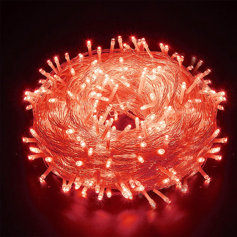 AURSTORE LED Fényfüzér 10m 100 Izzó - 8 Üzemmódú Piros Karácsonyi Dekoráció Átlátszó Vezetékkel - Beltéri Világítás Esküvőre, Partikra