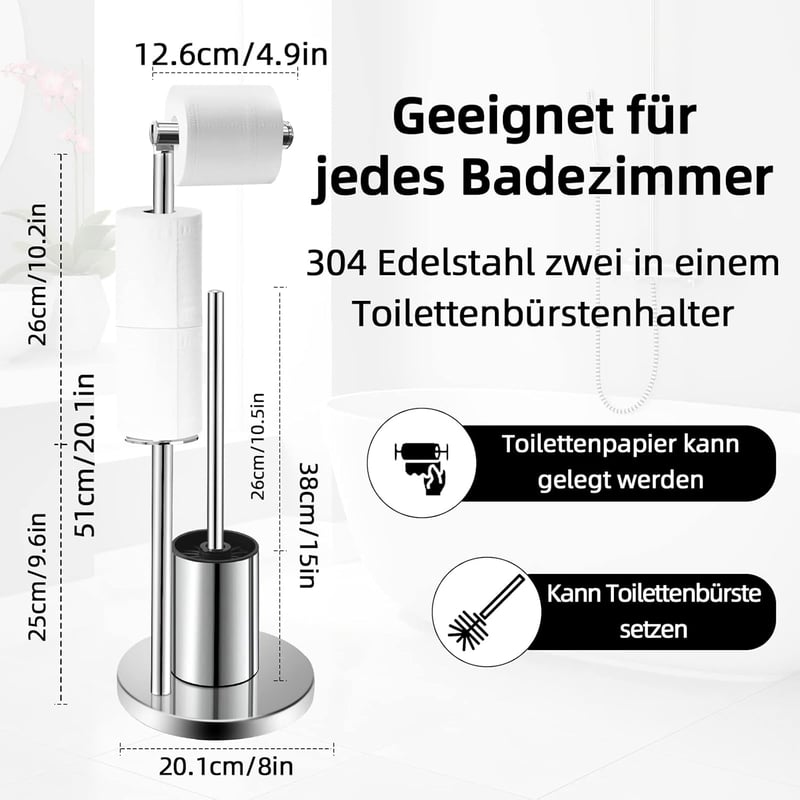 Ausbond rozsdamentes acél WC papír tartó kefe szett állványos - Silver-2-in-1