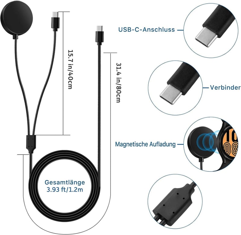 Austuo USB-C Töltőkábel Samsung Galaxy Watch 6/5/4/3 és S22/S21/S20 Készülékekhez - 20W PD Gyorstöltő Adapter - 120 cm Hosszú Kompatibilis K