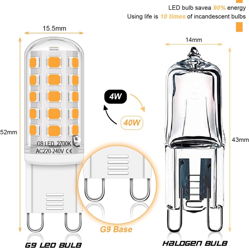 Auting G9 LED Izzó Meleg Fehér 2700K, 4W Energiatakarékos LED Égő 400 Lumen, Halogén Helyettesítő Kis Izzó, 4 Darabos Csomag