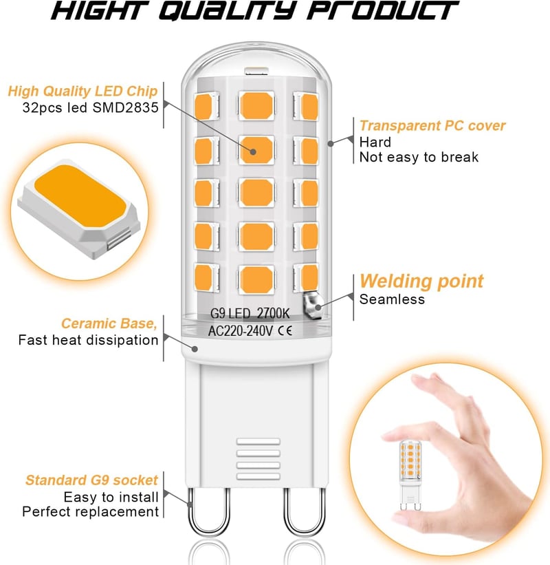 Auting G9 LED Izzó Meleg Fehér 2700K, 4W Energiatakarékos LED Égő 400 Lumen, Halogén Helyettesítő Kis Izzó, 4 Darabos Csomag
