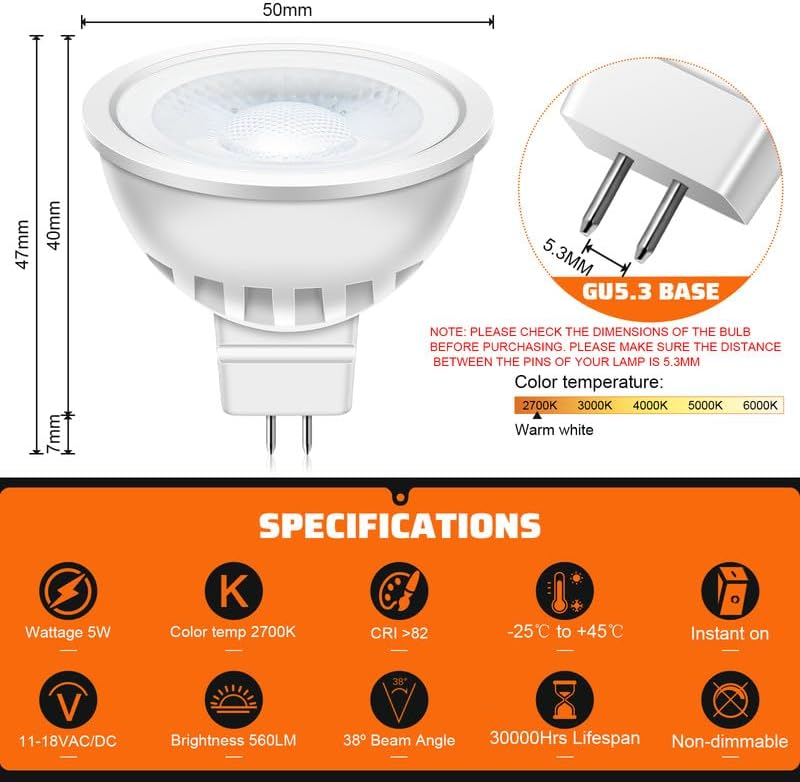 Auting GU5.3 MR16 LED Izzó 5W Meleg Fehér 2700K 12V 6 Darab - A-MR16 LED 5W 6 pieces