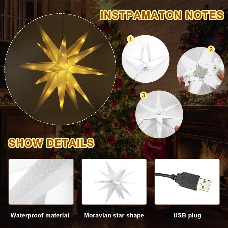 Auting LED Csillag Karácsonyi Dekoráció 40cm 50 LED 3D Világító Ablakdísz USB Meleg Fehér Fény Beltéri Ünnepre
