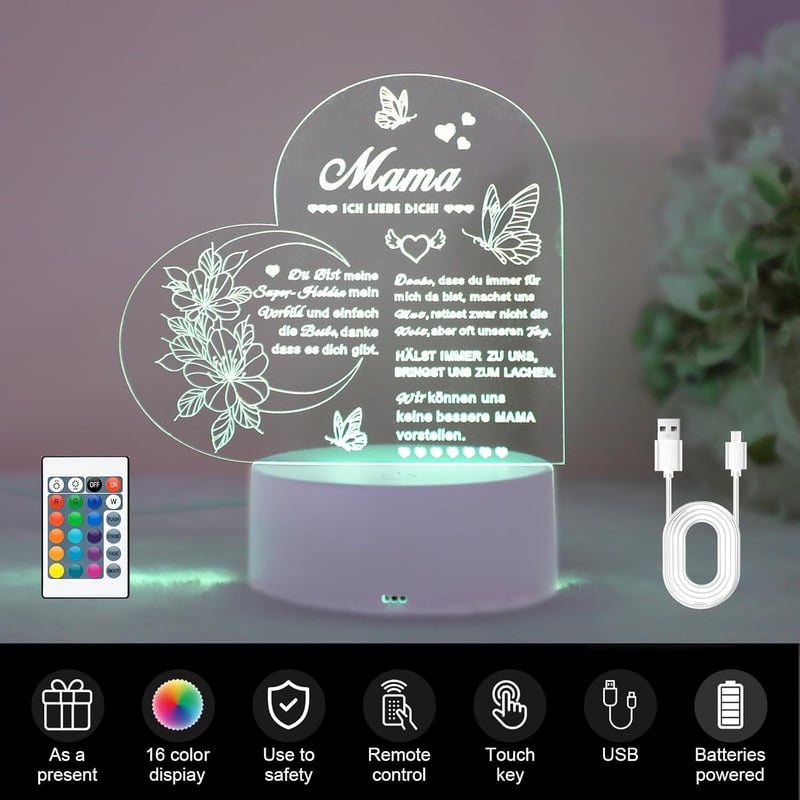 Auting LED Éjszakai Lámpa Szív Alakú Akril Dekoráció 16 Színváltós Távirányítóval Anyák Napja Ajándék
