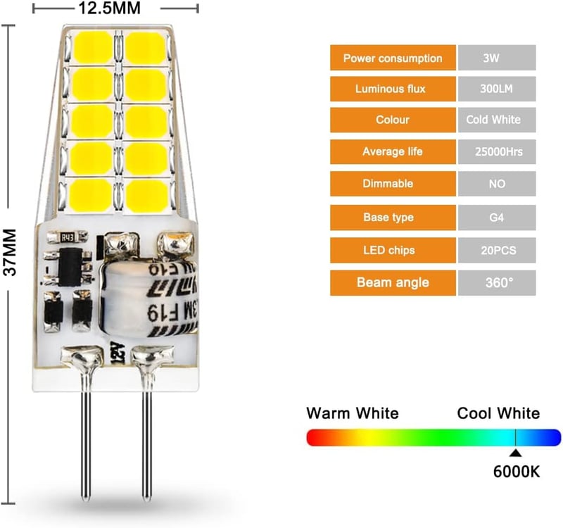 Auting LED G4 izzó 3.5W meleg és hideg fehér 3000K 6000K - A-G4-Cool-10PCS