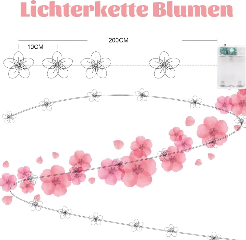 Auting LED Cseresznyevirág Tündérfény 2m 20 LED Elemmel Időzítővel - E-light chain flowers 2 m