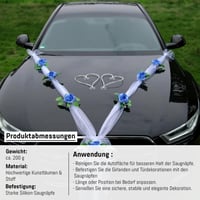Decorațiune auto de nuntă Auto-schmuck din organza mărimea M, cu inimi, trandafiri și ghirlandă de ratan – mire și mireasă – bleu/alb/alb 6