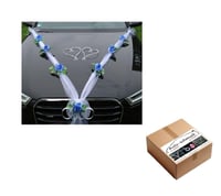 Decorațiune auto de nuntă Auto-schmuck din organza mărimea M, cu inimi, trandafiri și ghirlandă de ratan – mire și mireasă – bleu/alb/alb 1