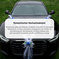 Decorațiune auto de nuntă Auto-schmuck din organza mărimea M, cu inimi, trandafiri și ghirlandă de ratan – mire și mireasă – bleu/alb/alb 8