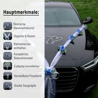 Decorațiune auto de nuntă Auto-schmuck din organza mărimea M, cu inimi, trandafiri și ghirlandă de ratan – mire și mireasă – bleu/alb/alb 3