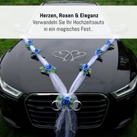 Decorațiune auto de nuntă Auto-schmuck din organza mărimea M, cu inimi, trandafiri și ghirlandă de ratan – mire și mireasă – bleu/alb/alb 7
