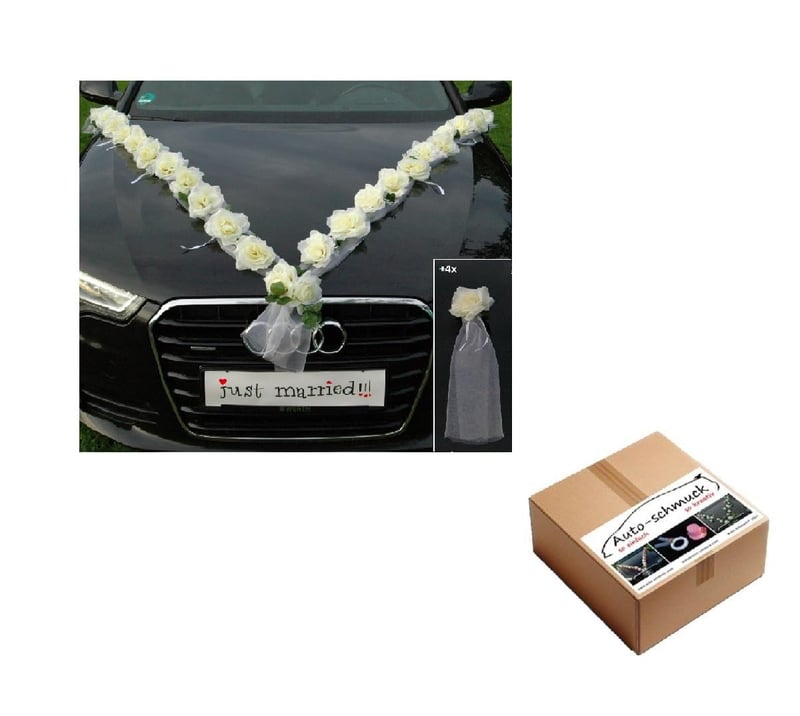 Svadobná girlanda na auto Rózsa, dekorácia na svadobné auto, krémová/biela farba pre mladomanželov