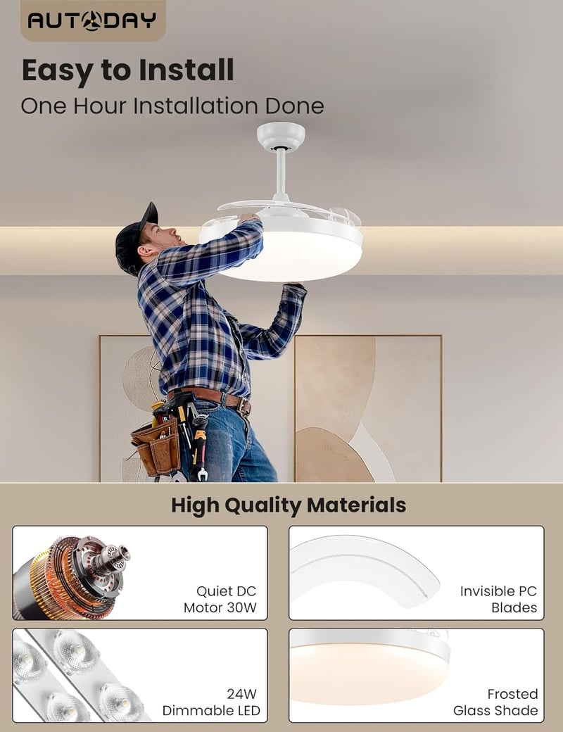 AUTODAY Összecsukható Mennyezeti Ventilátor LED Világítással 108cm Csendes DC Motor Távirányító