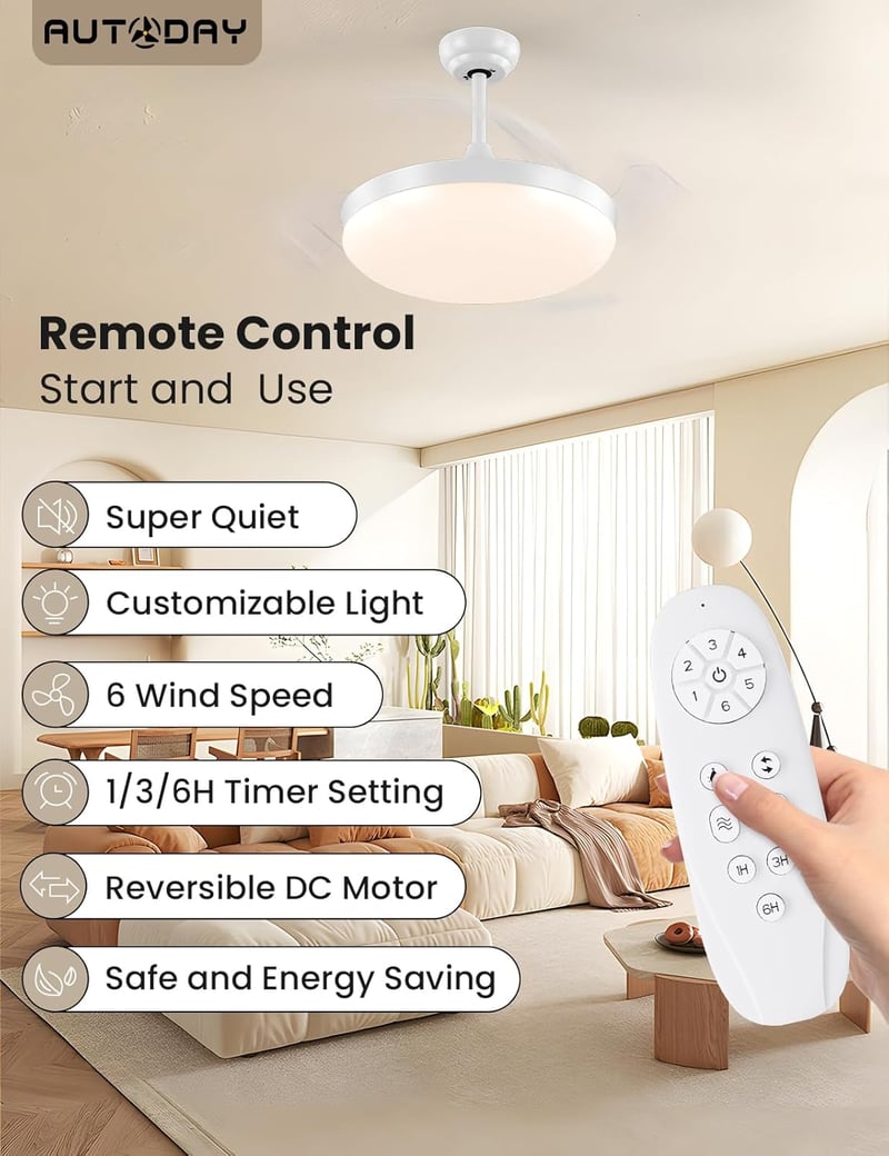 AUTODAY Összecsukható Mennyezeti Ventilátor LED Világítással 108cm Csendes DC Motor Távirányító