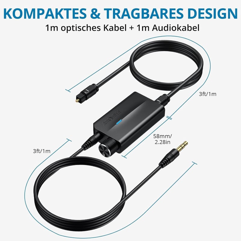 AUTOUTLET DAC Konverter 192kHz Digitális Analóg Audio Átalakító Hangerőszabályzóval SPDIF Toslink 3.5mm Jack Fejhallgató TV Játék