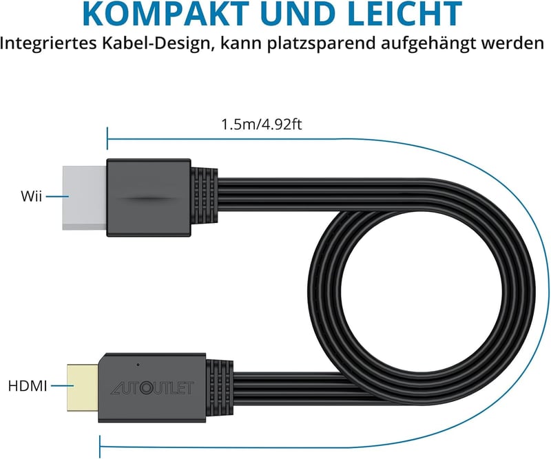 AUTOUTLET Wii HDMI Adapter - 1080P/720P Konverter 150cm Integrált Kábellel, Plug and Play Wii HDMI Átalakító Fekete