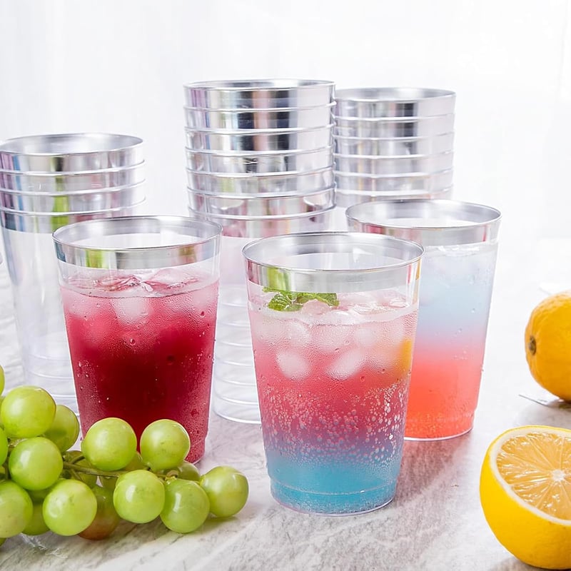 AUTOWNLUX 50 db ezüst peremű műanyag pohár 360 ml party esküvő születésnap