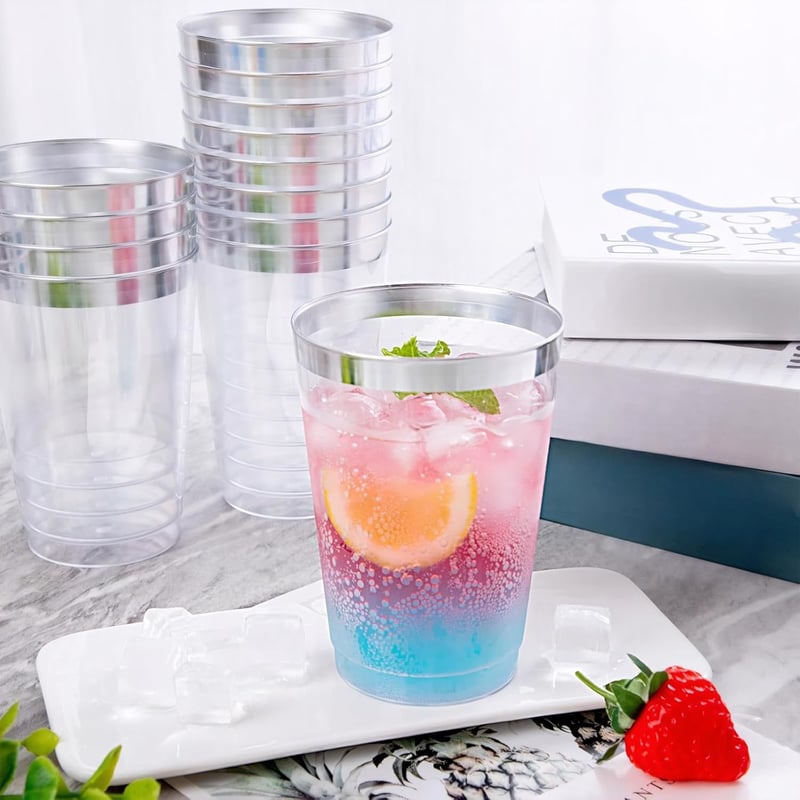AUTOWNLUX 50 db ezüst peremű műanyag pohár 360 ml party esküvő születésnap