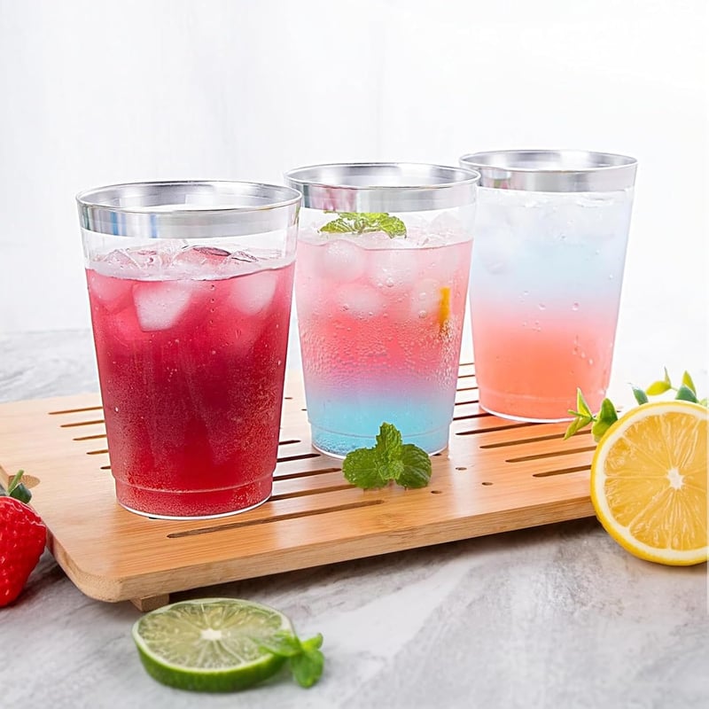 AUTOWNLUX 50 db ezüst peremű műanyag pohár 360 ml party esküvő születésnap