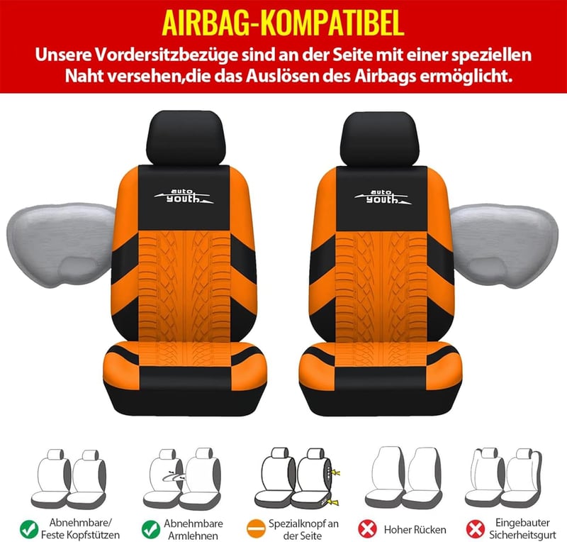 AUTOYOUTH Autóülés Huzat Univerzális Teljes Szett Narancssárga Védelem