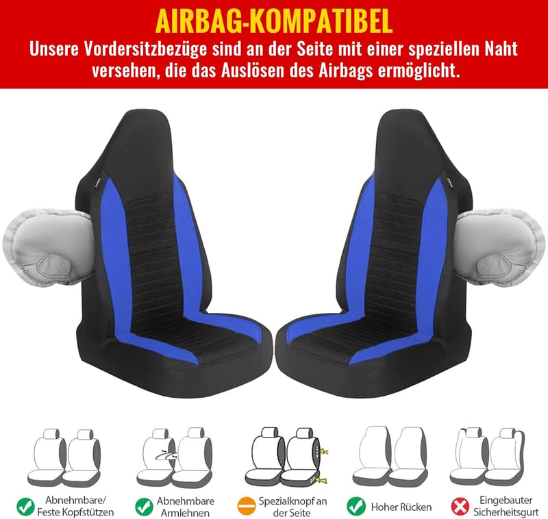 AUTOYOUTH Autóülés Védőhuzat Elöl Kék Univerzális Légzsák Kompatibilis - blue