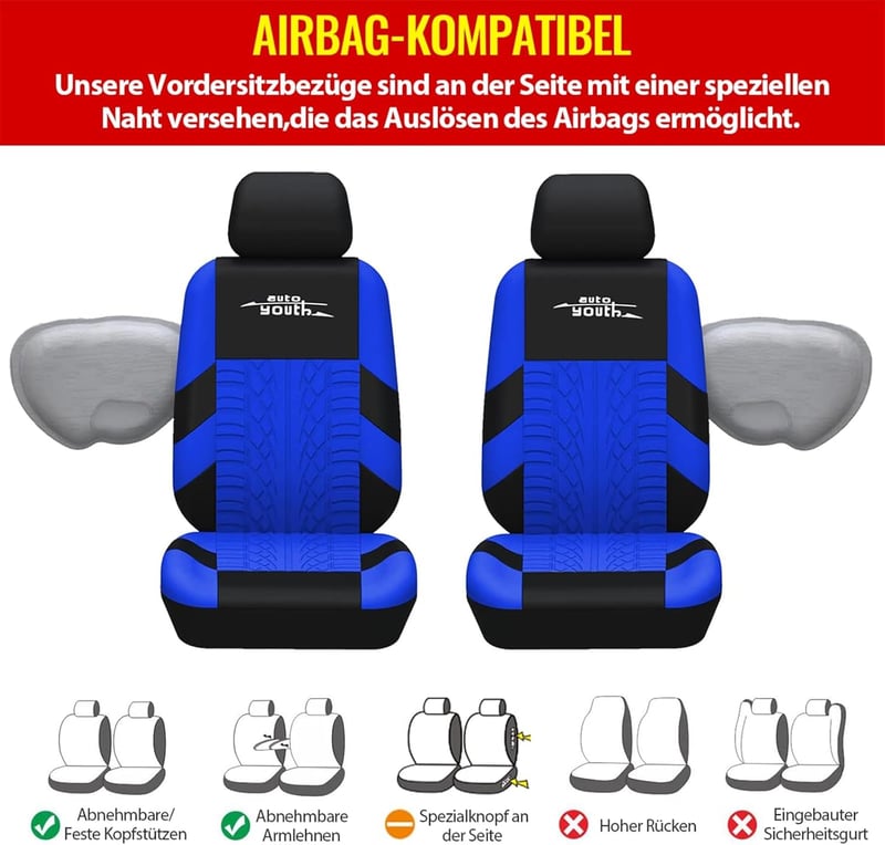 AUTOYOUTH Univerzális Autóülés Huzat Teljes Szett Kék Ülésprotektálás