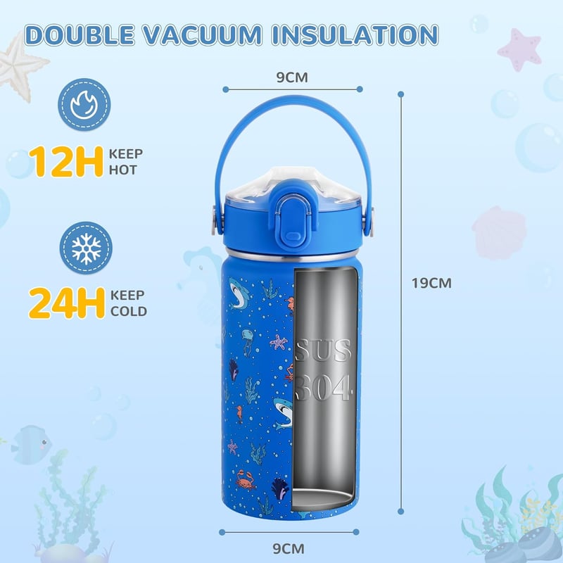 Autsel 420ml Rozsdamentes Gyerek Ivópalack Szívószállal és Fogantyúval BPA-Mentes