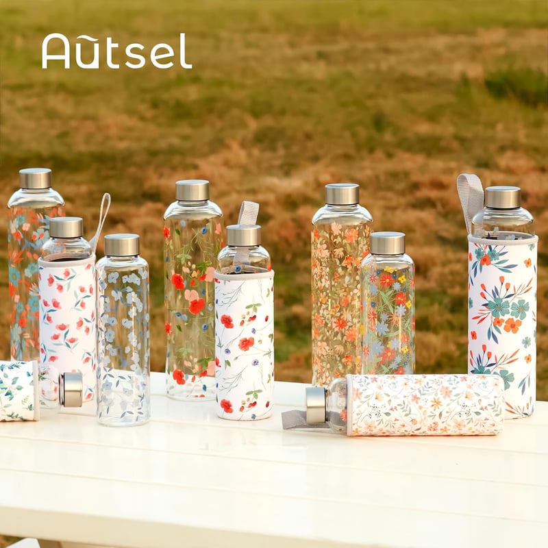 Autsel 500 ml Bórszilikát Üveg Kulacs Neoprén Védőhuzattal - Szivárgásmentes Palack Hideg-Meleg Italokhoz, Levelek Mintával, Sport és Túrázá