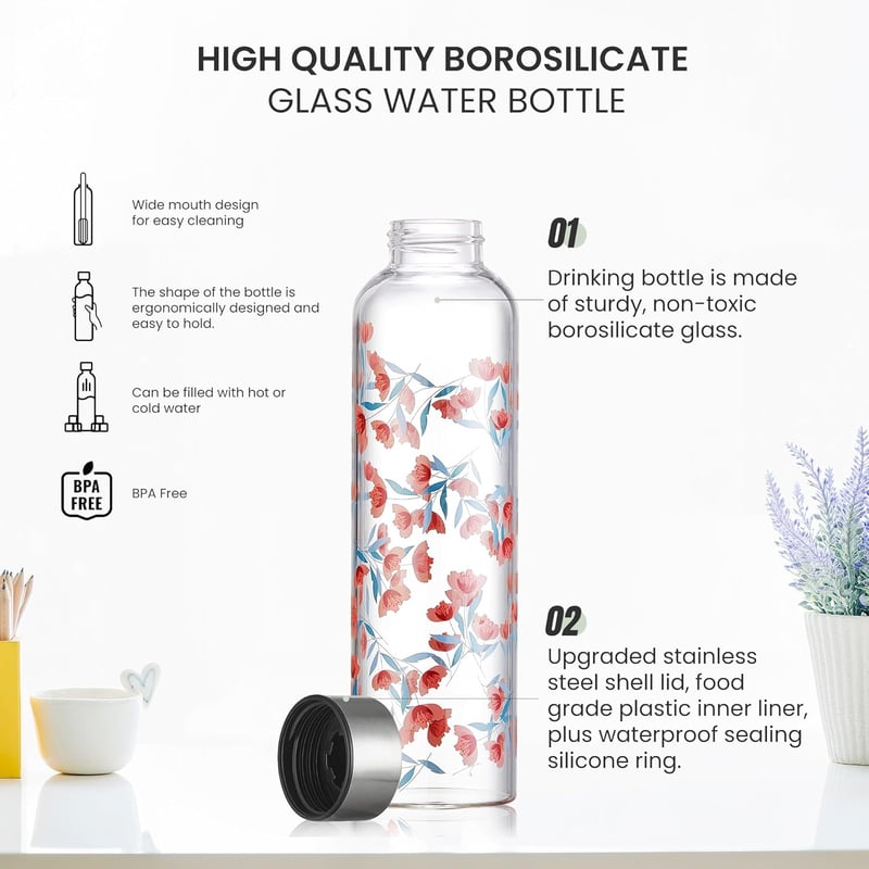Autsel 500 ml Boroszilikát Üveg Kulacs Neoprén Védőtokkal - Rózsaszín Hőszigetelt Cseppmentes Palack Sportoláshoz, Kültéri Tevékenységekhez