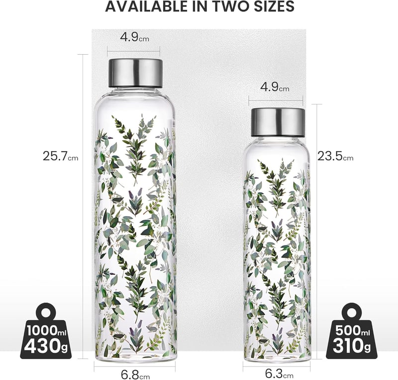 Autsel 500 ml Bórszilikát Üveg Kulacs Neoprén Védőhuzattal - Szivárgásmentes Palack Hideg-Meleg Italokhoz, Levelek Mintával, Sport és Túrázá