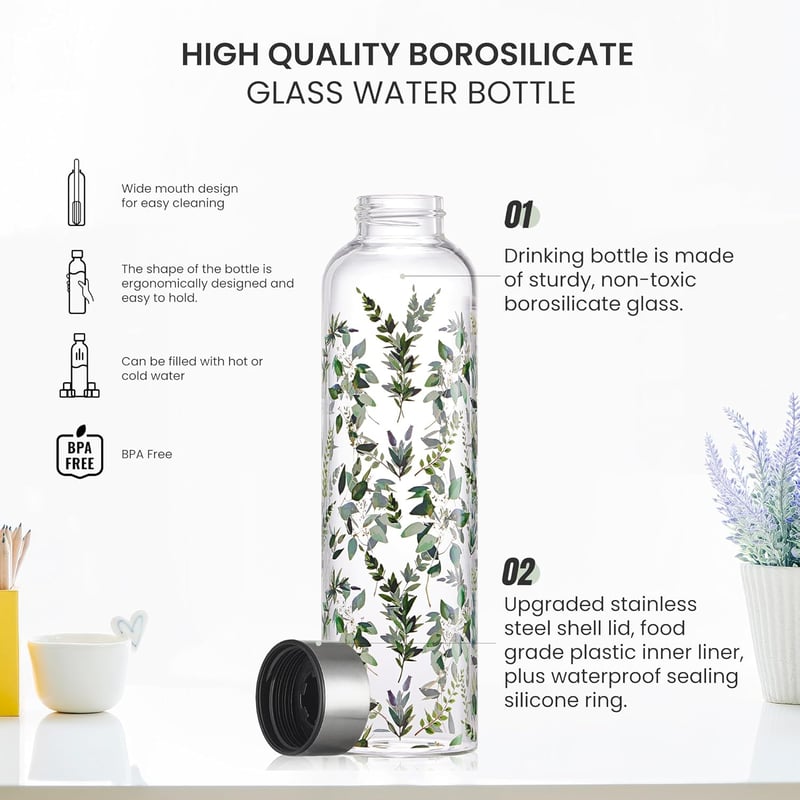 Autsel 500 ml Bórszilikát Üveg Kulacs Neoprén Védőhuzattal - Szivárgásmentes Palack Hideg-Meleg Italokhoz, Levelek Mintával, Sport és Túrázá