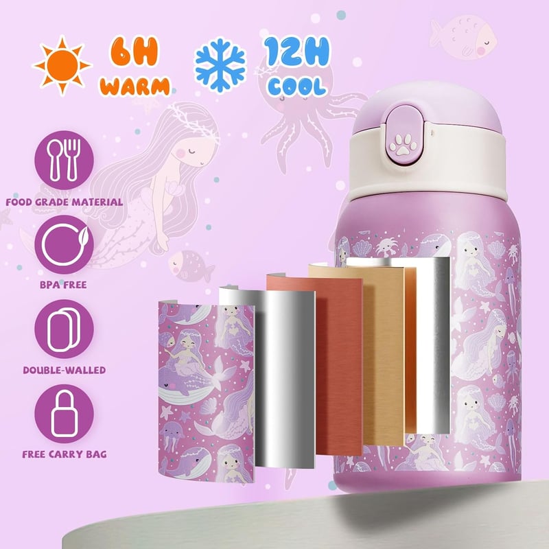 Autsel Rozsdamentes Acél Kulacs 500ml Szívószállal, Hőszigetelt Gyerek Ivópalack BPA-mentes, Lila Sellő Mintás Fiúknak Lányoknak