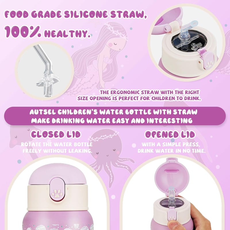 Autsel Rozsdamentes Acél Kulacs 500ml Szívószállal, Hőszigetelt Gyerek Ivópalack BPA-mentes, Lila Sellő Mintás Fiúknak Lányoknak